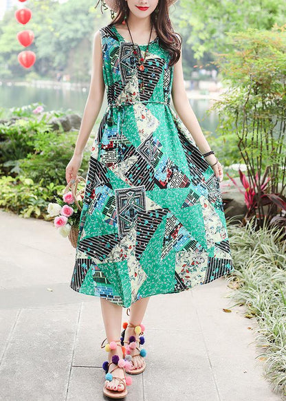 Unique Sleeveless Tie Waist Cotton Quilting Clothes Ideas Green Print Long Dresses Summer