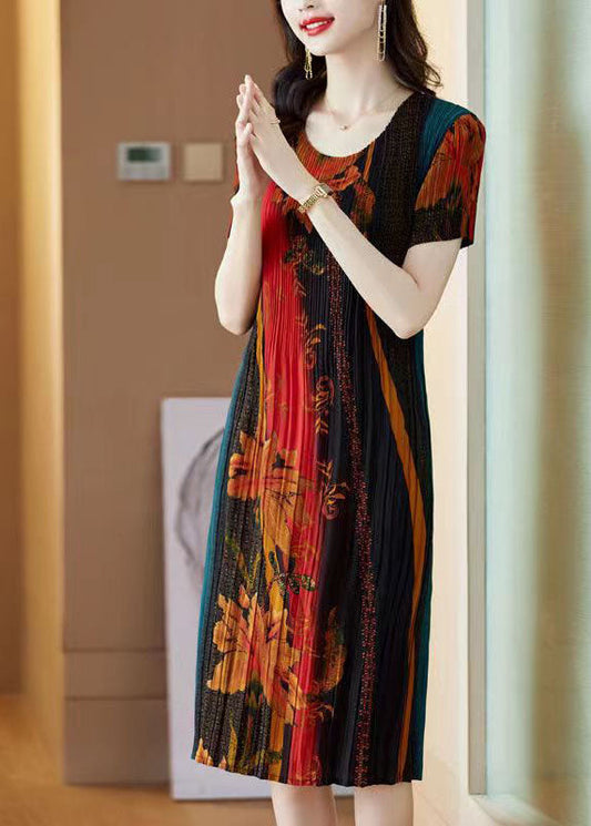 Unique Black Green O-neck Print Silk Vacation Dresses Short Sleeve