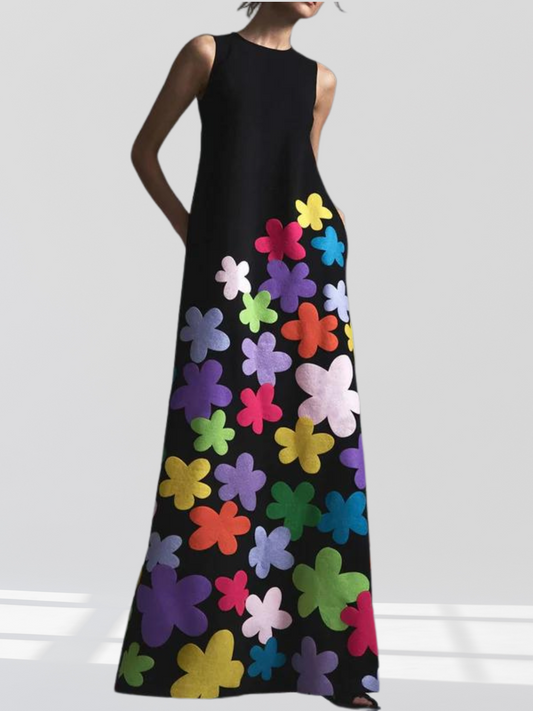 CD | Rochie maxi neagră cu imprimeu floral și decolteu rotund