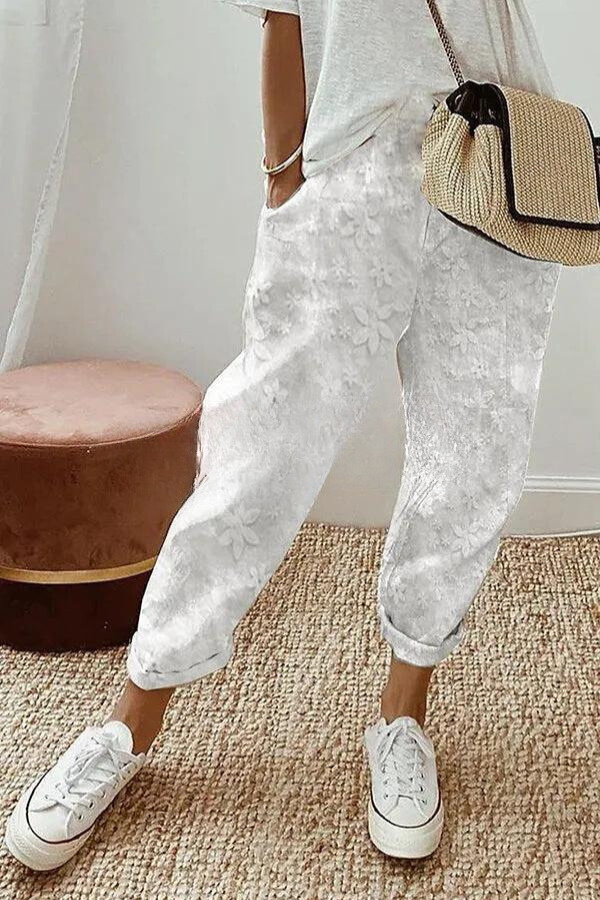 CD | Pantaloni cu model floral patchwork, buzunar și talie elastică
