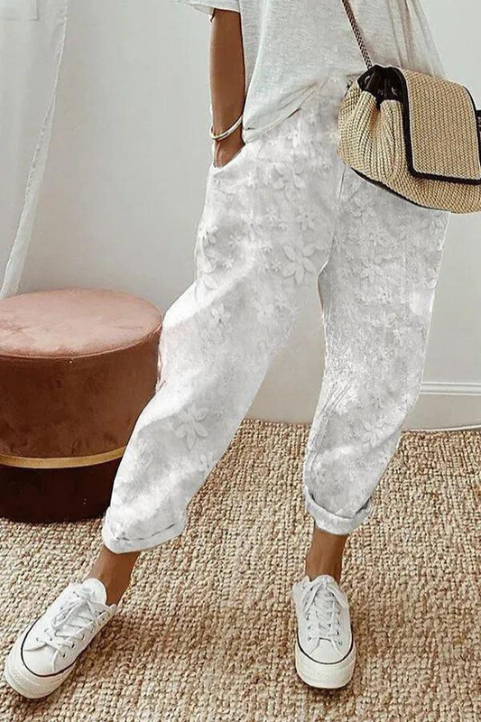 CD | Pantaloni cu model floral patchwork, buzunar și talie elastică