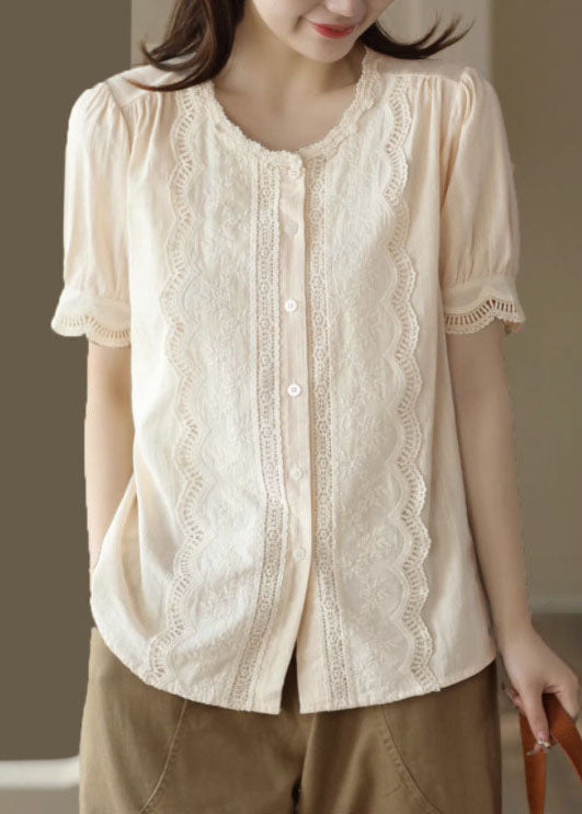 Apricot Hollow Out Embroideried Patchwork Cotton Blouses Summer