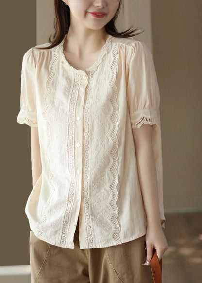 Apricot Hollow Out Embroideried Patchwork Cotton Blouses Summer