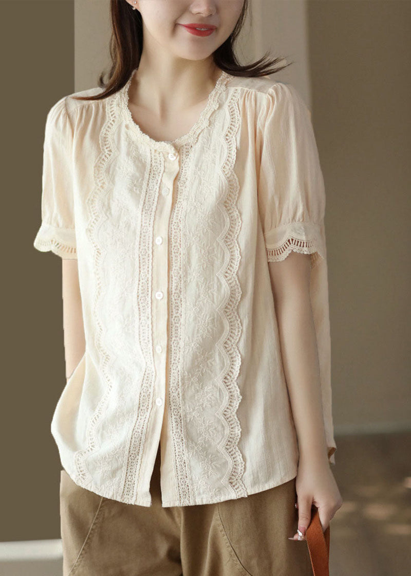 Apricot Hollow Out Embroideried Patchwork Cotton Blouses Summer
