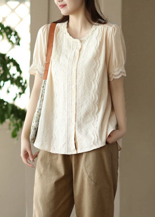 Apricot Hollow Out Embroideried Patchwork Cotton Blouses Summer