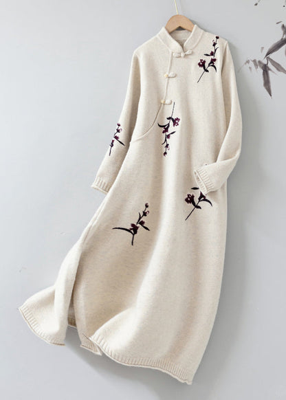Apricot Stand Collar Embroidered Patchwork Woolen Knit Dress Fall
