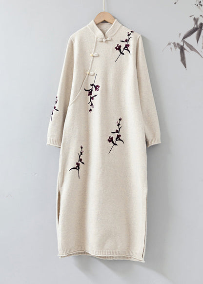 Apricot Stand Collar Embroidered Patchwork Woolen Knit Dress Fall