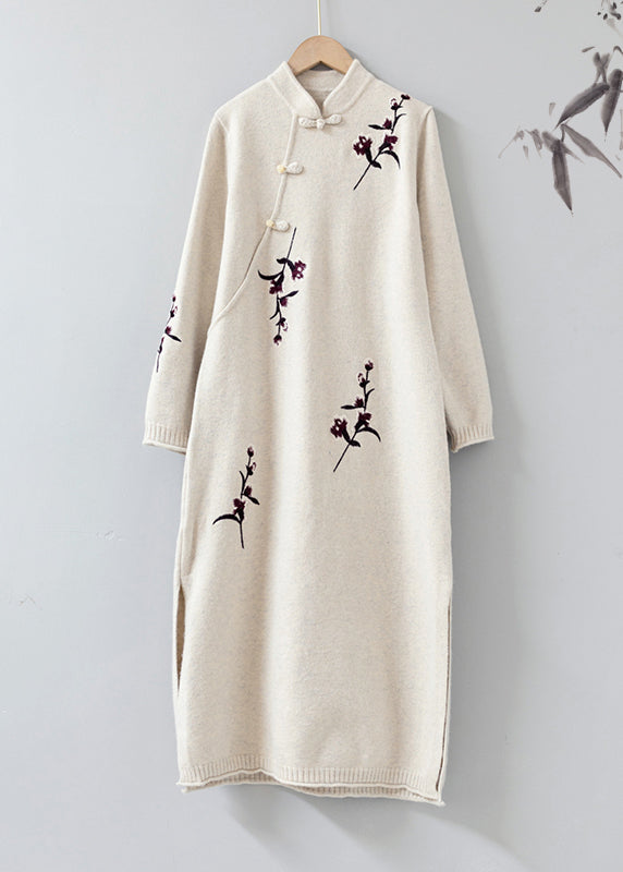 Apricot Stand Collar Embroidered Patchwork Woolen Knit Dress Fall