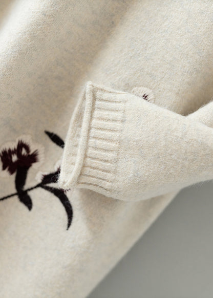 Apricot Stand Collar Embroidered Patchwork Woolen Knit Dress Fall