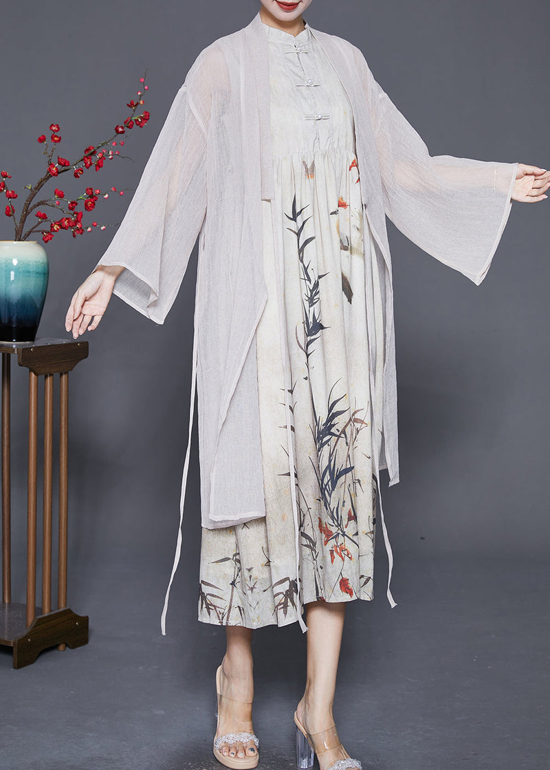 Beige Chinese Button Print Two Pieces Set Summer