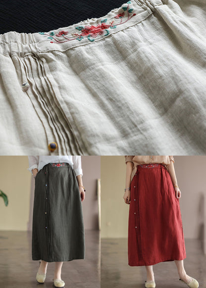 Beige Embroideried Pockets Patchwork Cotton Skirts Summer