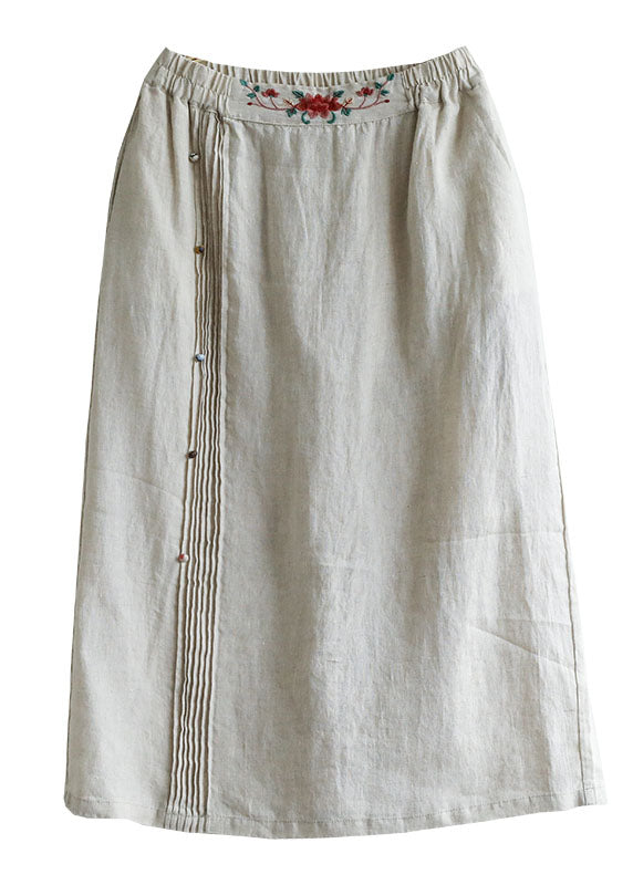 Beige Embroideried Pockets Patchwork Cotton Skirts Summer