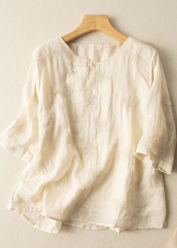 Brown O-neck Embroidered Linen Shirt Top Summer