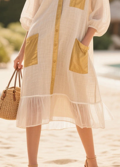 Beige Oversized Patchwork Cotton Dress Bracelet Sleeve