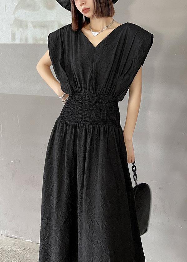 Black Cinched V Neck Sleeveless Summer Maxi Dresses