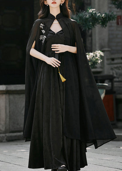 Black Embroidered Cape and Spaghetti Strap Dress Silk 2 Piece Outfit Spring