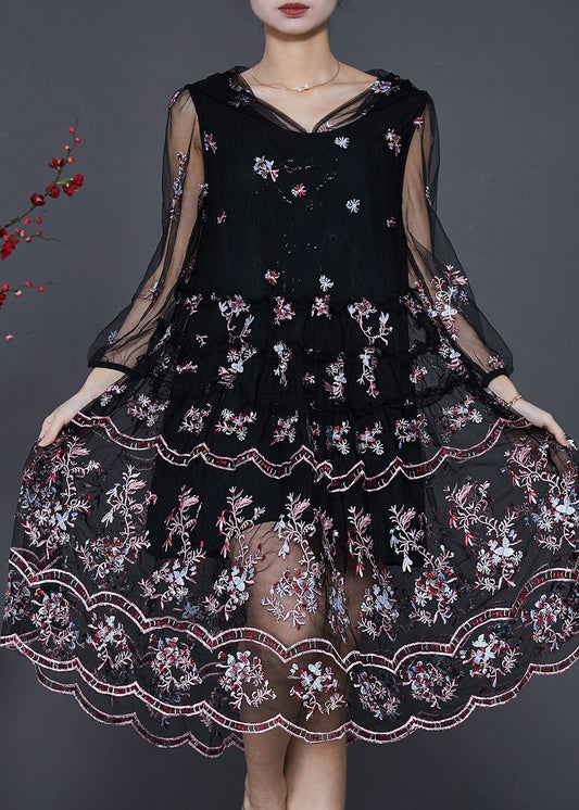 Black Embroidered Tulle Beach Dresses Summer