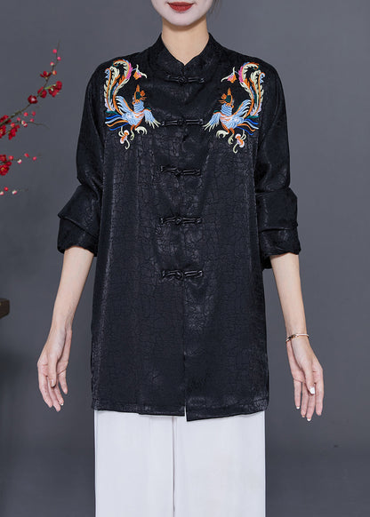 Black Embroidered Chinese Button Silk Blouses Fall
