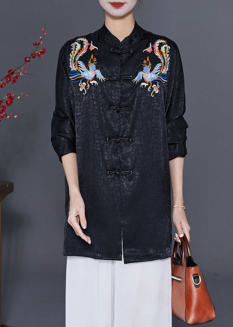 Black Embroidered Chinese Button Silk Blouses Fall