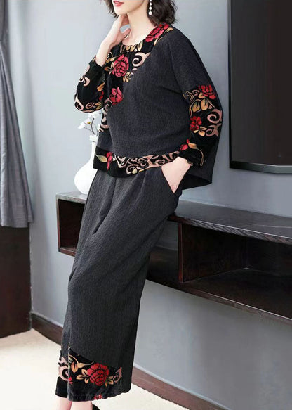 Black Embroidered Tops and Wide Leg Pants Cotton Two Piece Set Fall