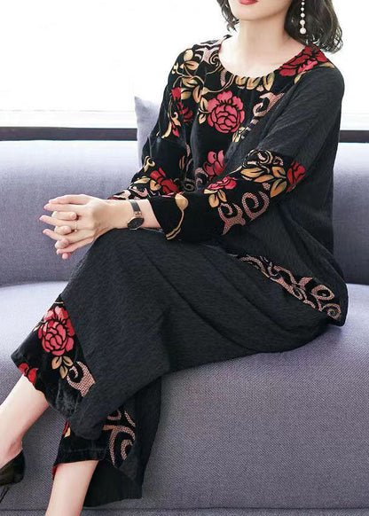 Black Embroidered Tops and Wide Leg Pants Cotton Two Piece Set Fall