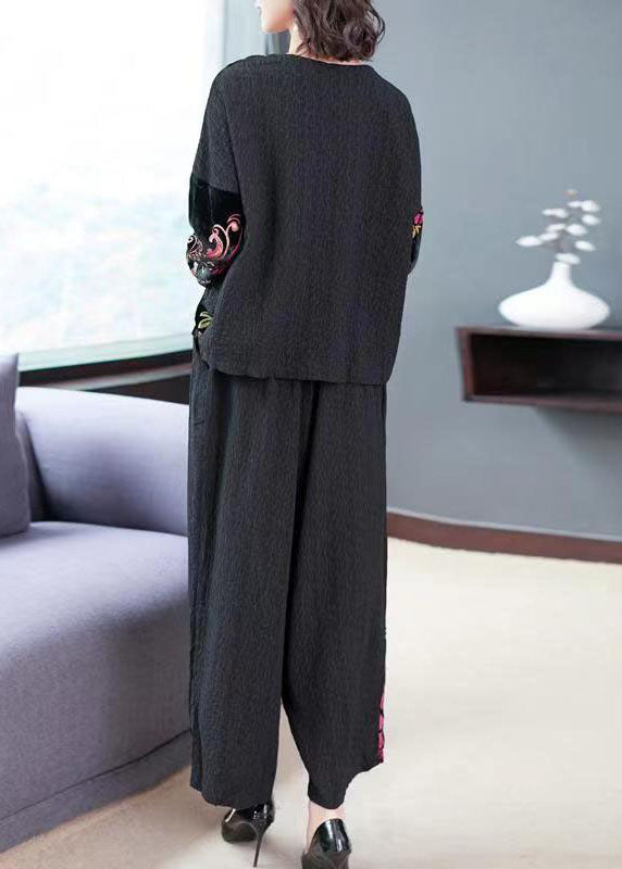 Black Embroidered Tops and Wide Leg Pants Cotton Two Piece Set Fall