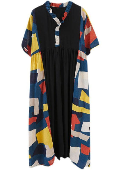 Black Loose Ruffles Pockets Patchwork Summer Dress Half Sleeve