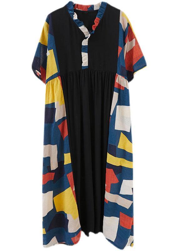 Black Loose Ruffles Pockets Patchwork Summer Dress Half Sleeve