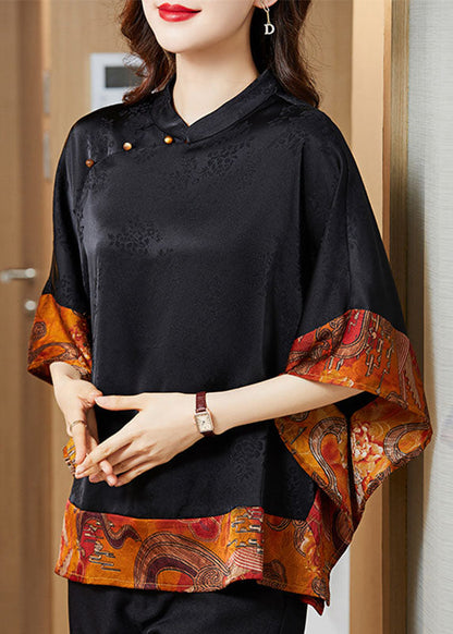 White Text Mandarin Collar Asymmetrical Patchwork Jacquard Silk Shirts Batwing Sleeve