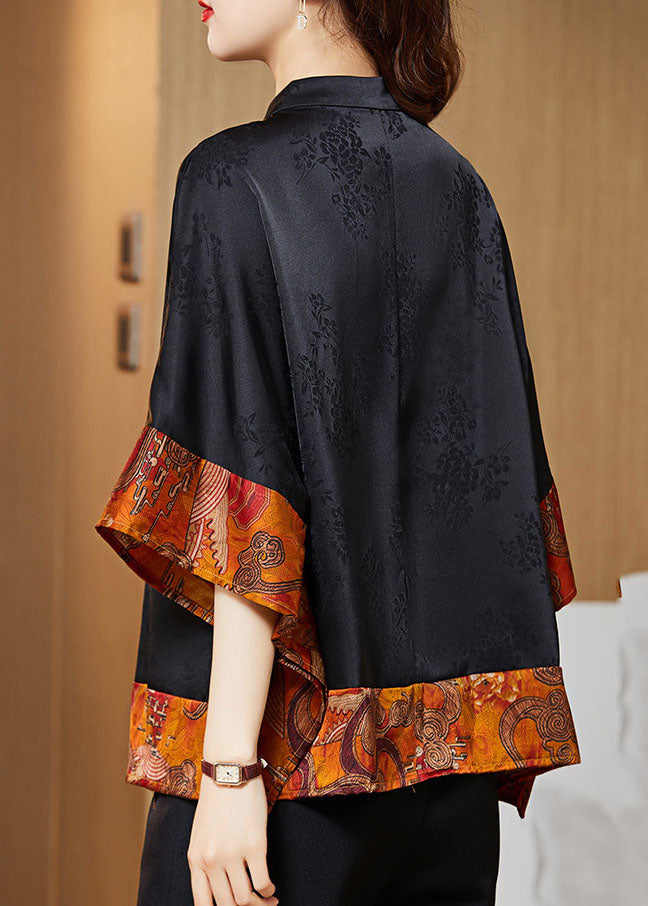 Black Plaid Mandarin Collar Asymmetrical Patchwork Jacquard Silk Shirts Batwing Sleeve