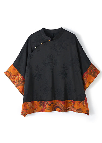 Black Plaid Mandarin Collar Asymmetrical Patchwork Jacquard Silk Shirts Batwing Sleeve