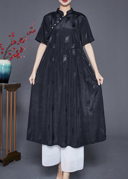 Black Mandarin Collar Jacquard Exra Large Hem Silk Dresses Summer