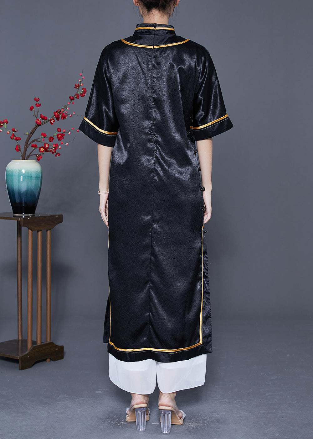 Black Mandarin Collar Print Side Open Silk Chinese Style Dress Summer