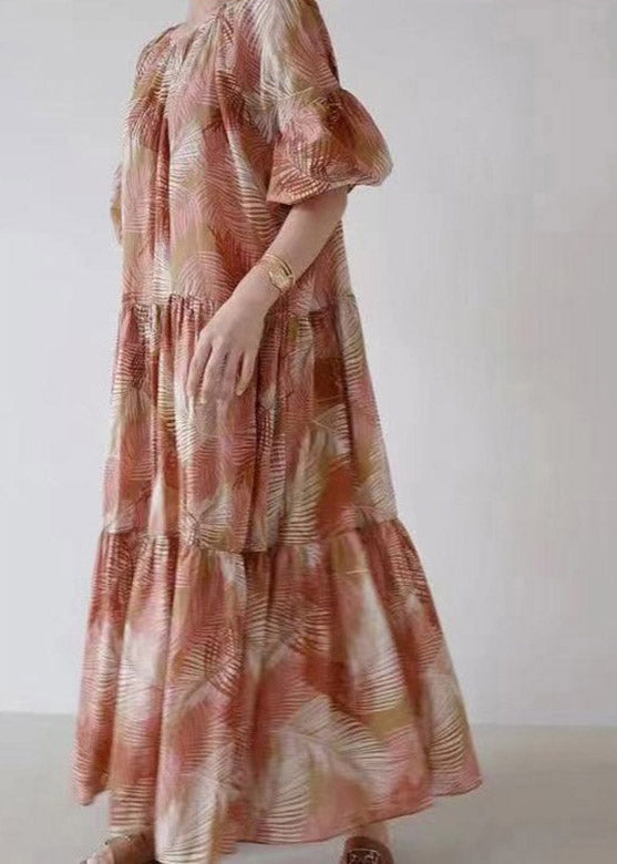 Black O-neck Print Long Dress Short Sleeve