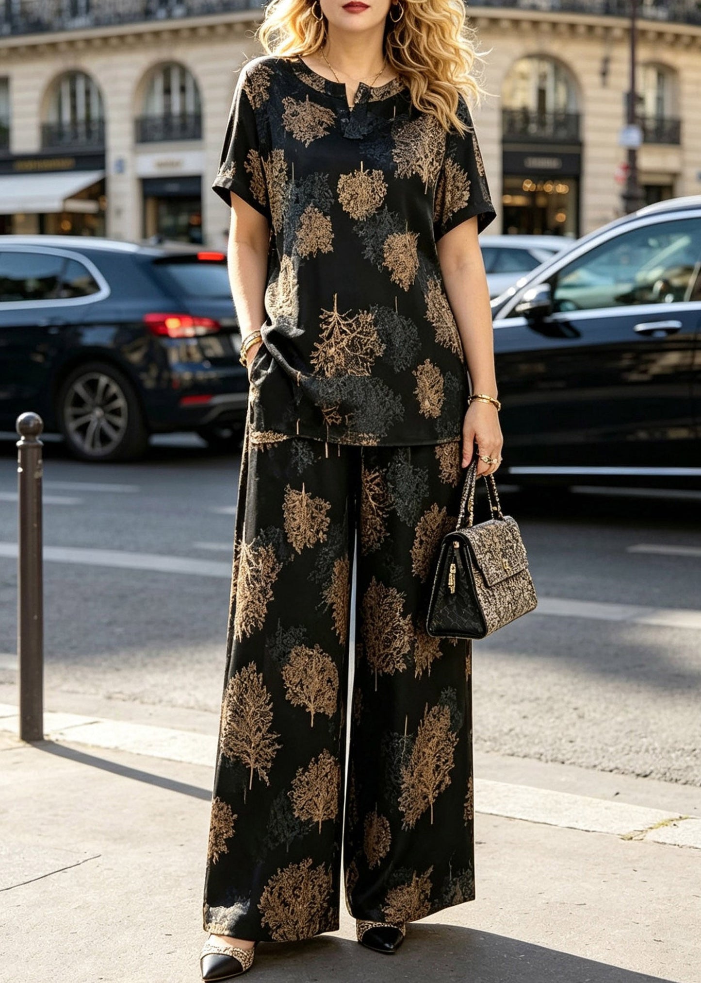 Black O-neck Print T Shirts and Wide Leg Pants Silk Two Piece Set Summer