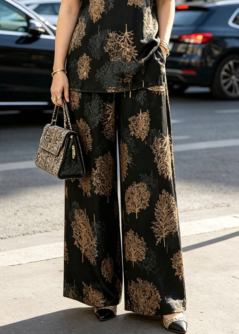 Black O-neck Print T Shirts and Wide Leg Pants Silk Two Piece Set Summer
