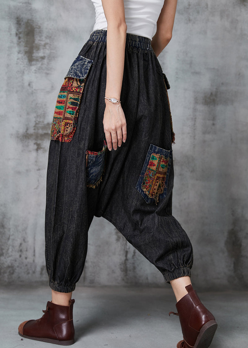 Black Oversized Patchwork Denim Harem Pants Spring