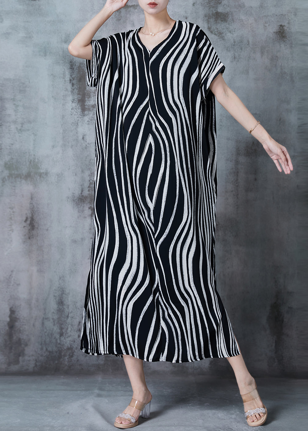 Black Oversized Striped Chiffon Dress Summer