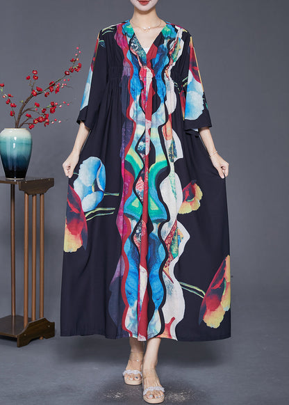 Black Oversized Wrinkled Print Chiffon Long Dress Summer