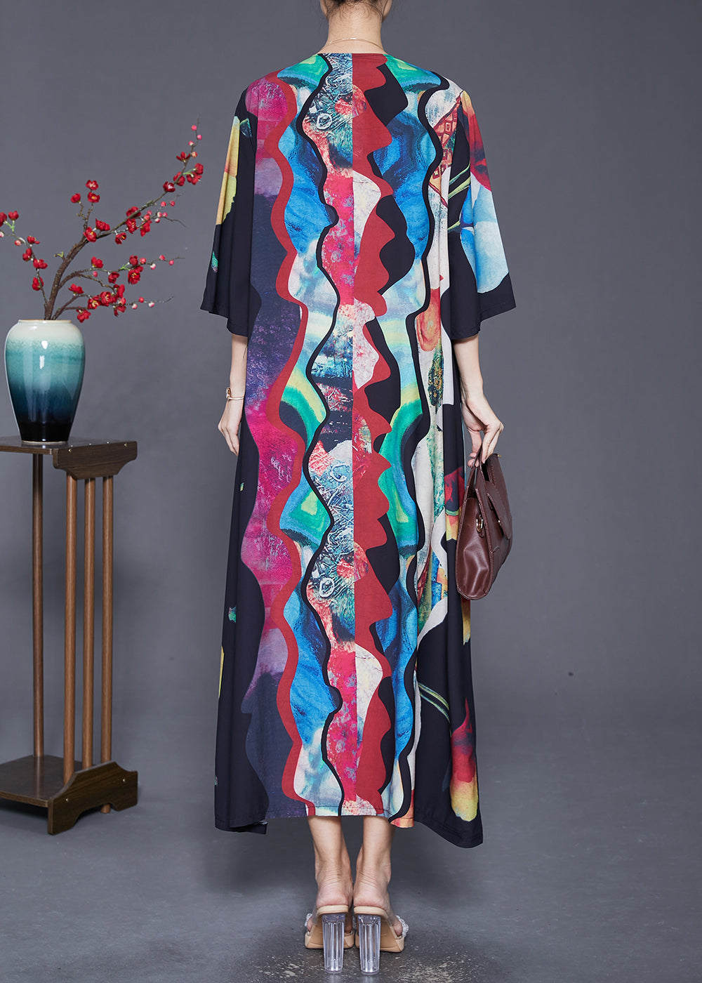 Black Oversized Wrinkled Print Chiffon Long Dress Summer