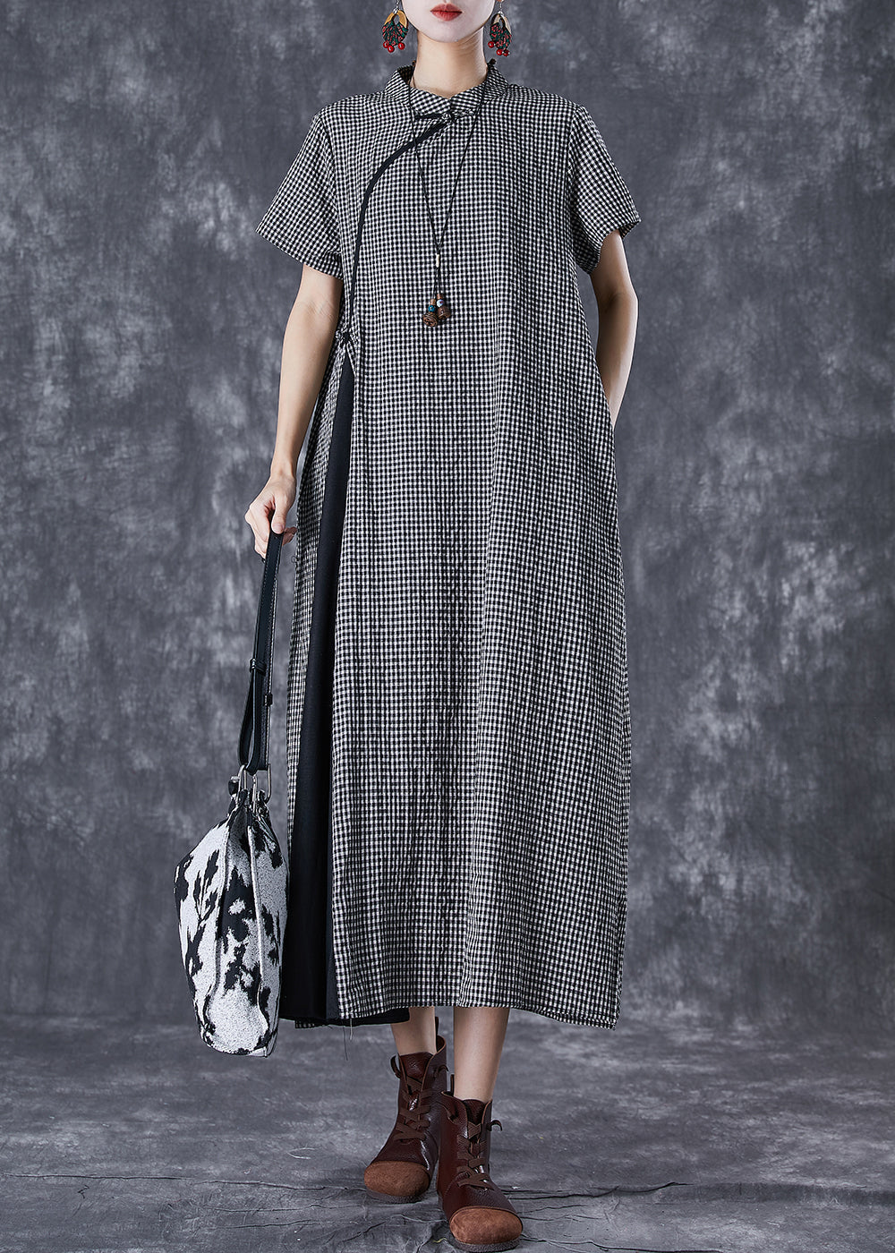 Black Plaid Patchwork Linen Cheongsam Dresses Summer