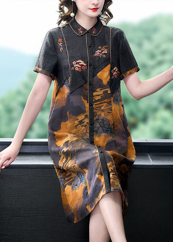 Black Print Button Patchwork Silk Mid Dress Summer
