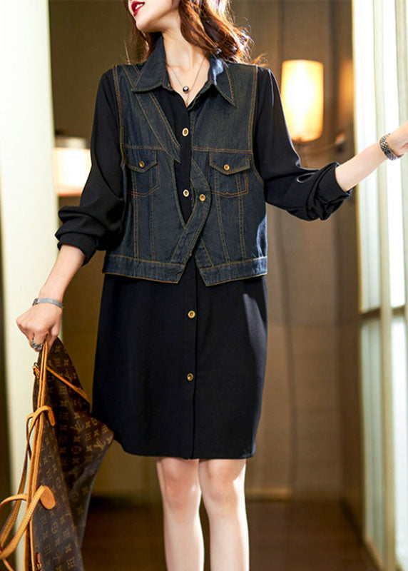 Black Square Collar Denim Patchwork Fake Two Pieces Mid Dress Long Sleeve