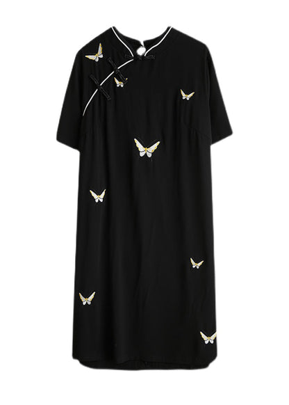 Black Stand Collar Button Butterfly Embroideried Cheongsam Dresses Short Sleeve