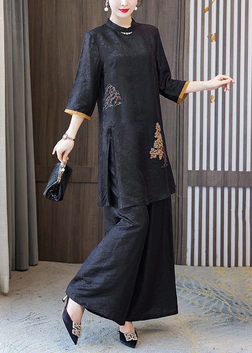 Black Stand Collar Oversized Jacquard Spandex 2 Piece Outfit Summer