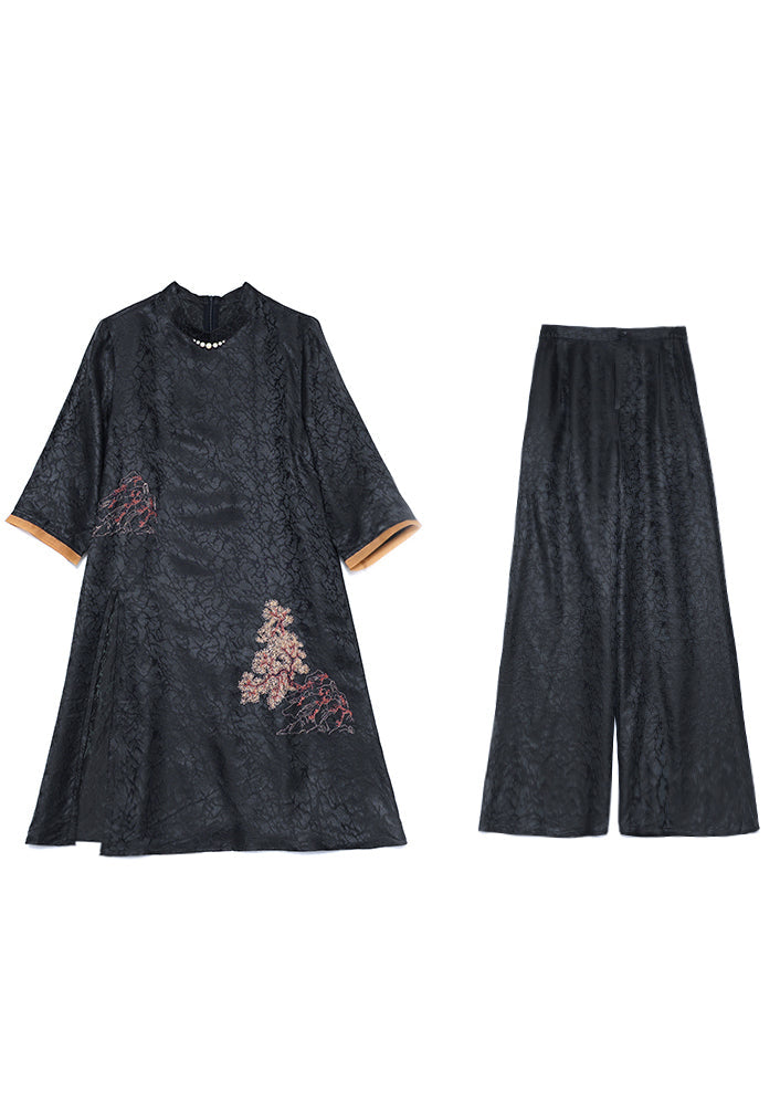 Black Stand Collar Oversized Jacquard Spandex 2 Piece Outfit Summer