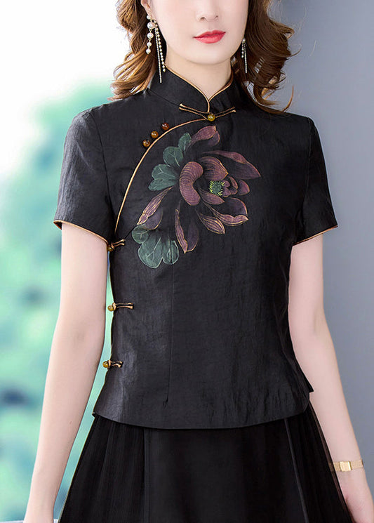 Black Stand Collar Print Chinese Button Silk Shirt Tops Summer
