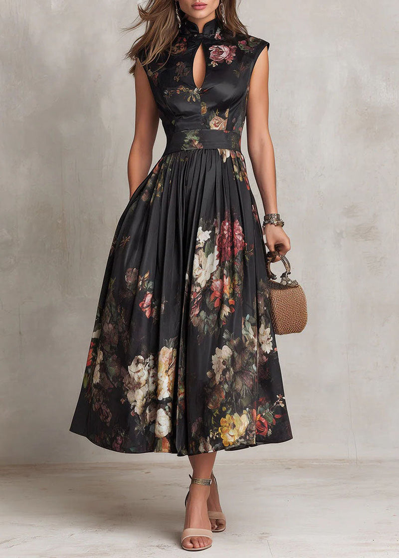 Black Stand Collar Print Pockets Cotton Dress Summer