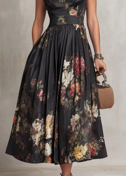 Black Stand Collar Print Pockets Cotton Dress Summer