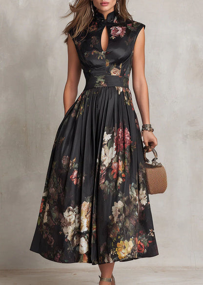 Black Stand Collar Print Pockets Cotton Dress Summer